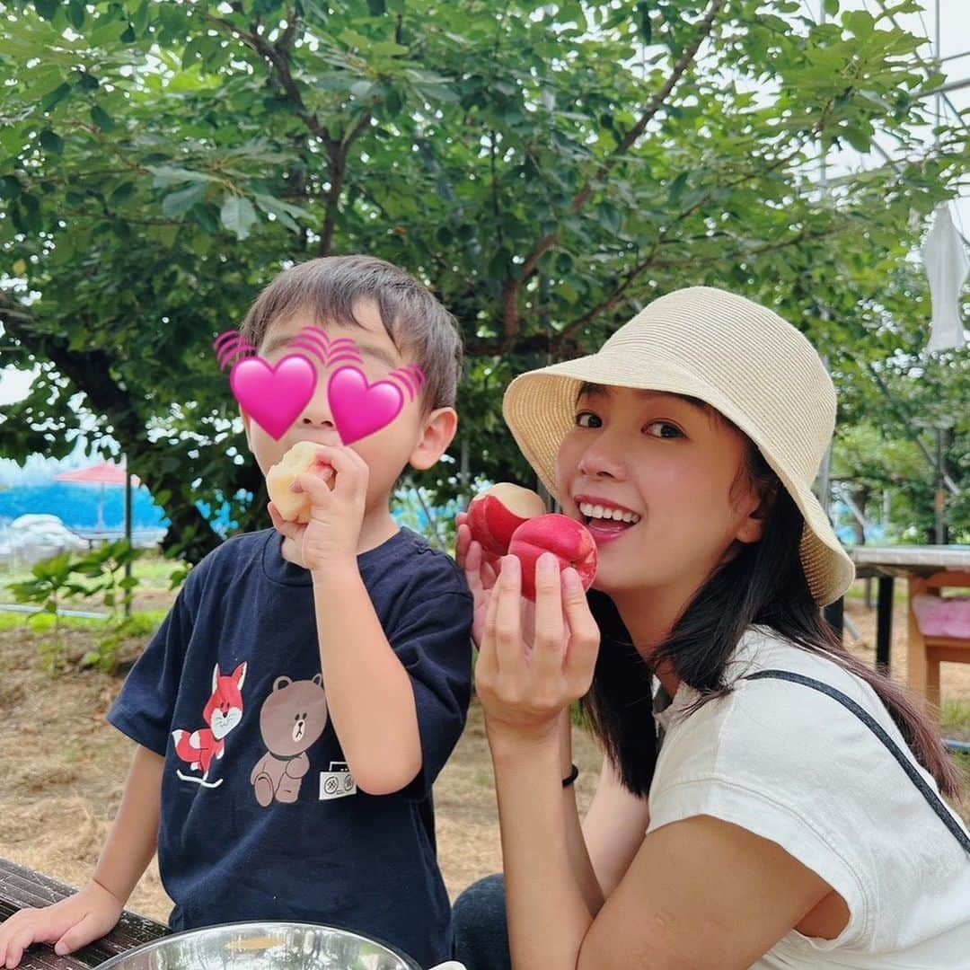 紀真耶さんのインスタグラム写真 - (紀真耶Instagram)「桃狩りと野球観戦✨ 夏の思い出！  ☆ ☆ #一年分の桃食べた #野球観戦 #デビュー #2歳児 #あの日から毎日野球している #素敵な機会に感謝 #ありがとうございました」7月16日 10時25分 - maya0kino