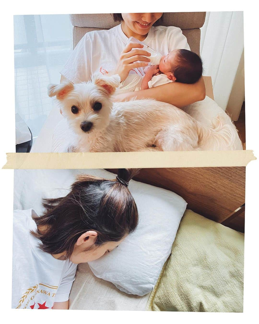 菊地舞美のインスタグラム：「🐶👶🏻 ___________________________  はい！生きてます😂  「大丈夫？！」「元気？！」 と友人から心配のメッセージが届くので 久しぶりの投稿🪴  まもなく新生児期が終わろうとしている 息子。眉毛がなくなりました😂  1枚目の写真が今の日常です😂  上が元気な時のキラキラ幸せ写真✨ 下が現実。笑 暇さえあればベッドに直行、すこーんと白目剥いて寝てます。  ここ数日は大学ぶりのほぼ完徹が続いていたので 昨晩はミイラのような顔を見かねた 神様のような夫が  「夜間授乳やるよ🍼」と言ってくれて… 妊娠前ぶりに6時間寝ました。  途中、空耳で泣き声が聞こえてきて何度か飛び起きましたが🥲 これも母になった証拠なんだなと😅  仕事一筋でやってきた夫婦に 👶🏻がやってきて 生活が一変した1ヶ月。  慣れない育児に、寝不足が続き 「こんなにしんどいなんて…」と 泣きべそかいたりもしましたが  いろんな方が「1人じゃないよ！」「わかるわかる！」とLINEやメッセージをくれたり 差し入れを送ってくれたり アメリカの友人は時差を利用して深夜の授乳中に話し相手になってくれたり🇺🇸  里帰りをしなかったのでどうなるかと思いましたが 周りの方に助けられてここまで来られました😭😭  息子も、生まれた時は2000gに届かない片手で持てる小さな身体だったのに 今は2800gにまで成長して 唸り声や泣き声は大人顔負けの太い声を出しています👶🏻🤣  そんなこんなで 現状はこんな感じでした！ 私は元気です🩵  来週の1ヶ月検診が終わったら お家に友人を招けるくらいの心の余裕が出てくると思うので🫡 みんなに抱っこしてもらいましょ👶🏻  —— #新生児 #新生児期 #新生児期もあとわずか #曜日感覚がなくなった #神夫 #脱皮中 #眉毛が無くなった」