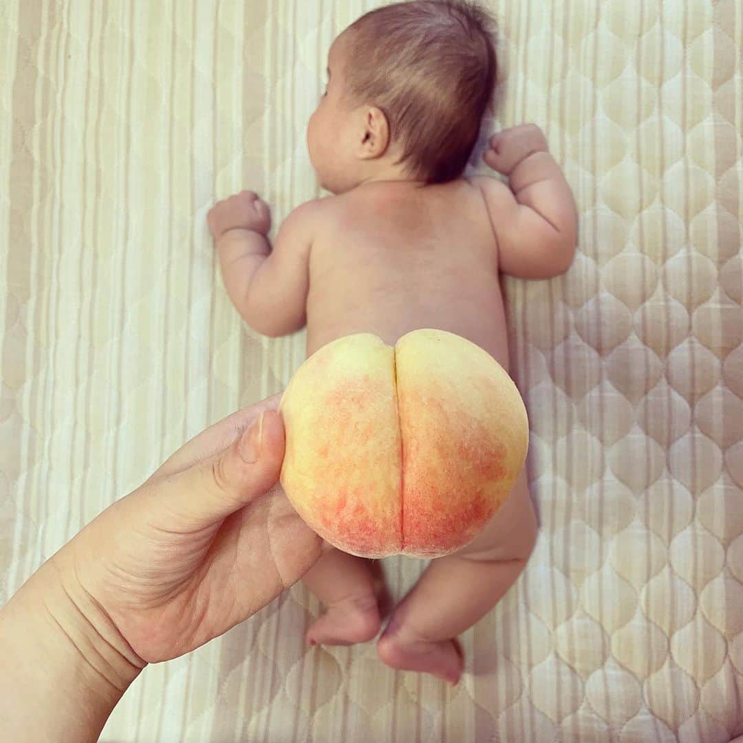 美甘子のインスタグラム：「ゆうピーの桃尻🍑  #ゆうピーはるピー #ベビーフルーツ #赤ちゃん桃尻」