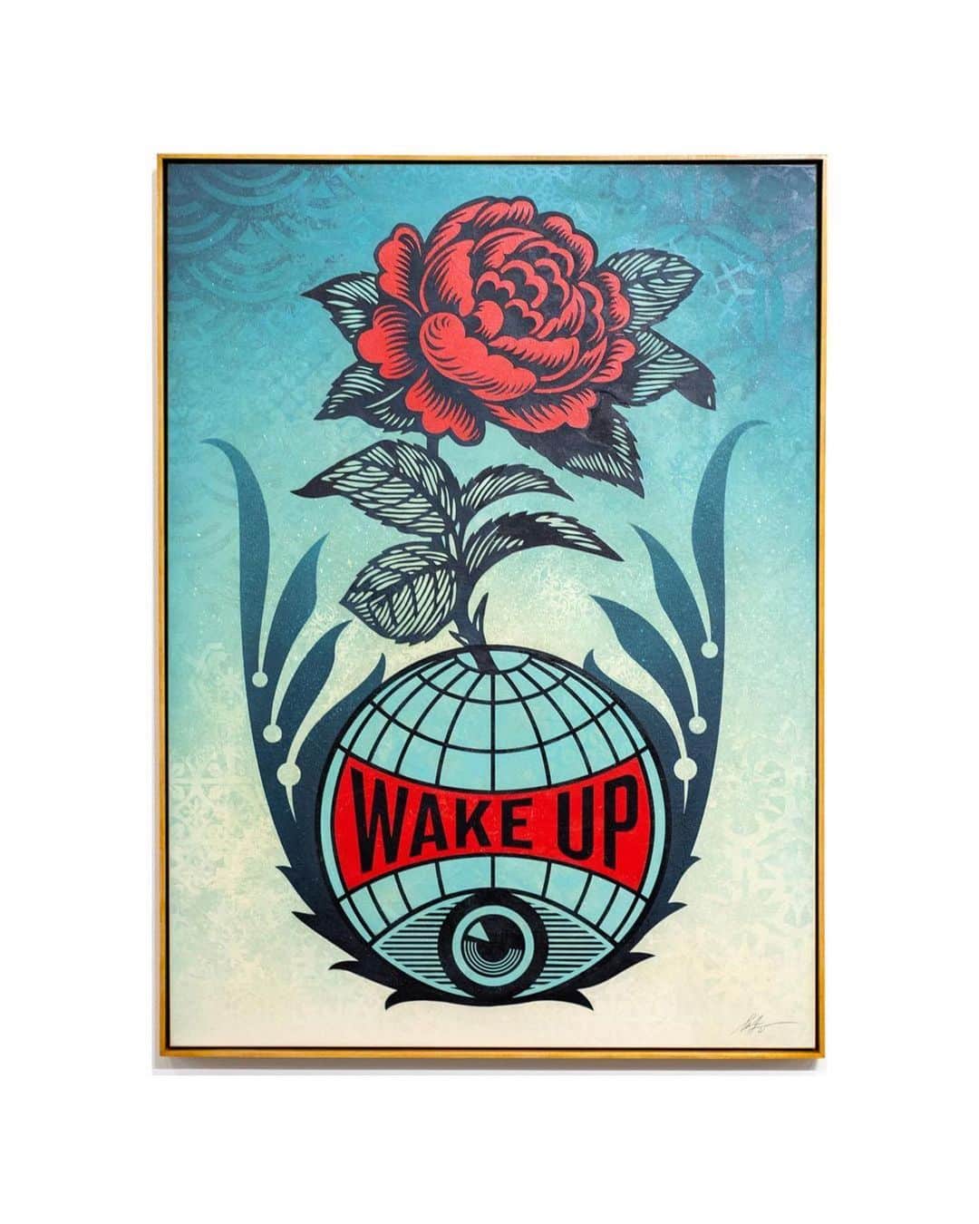 Shepard Faireyのインスタグラム：「DALLAS! Consider this your wake-up call! A reminder that my show Backward Forward will be concluding its run at @dallascontemporary in just one week. It’s been a pleasure to have my artwork showcased here in the vibrant city of Dallas, Texas. In case you haven't had the chance to experience the show firsthand, please check it out. Thank you Dallas Contemporary for having me! –Shepard  Wake Up Earth, 2021 Mixed media (stencil, silkscreen, collage) on canvas.  Photo by Alexandra Hulsey (@l0lil)」