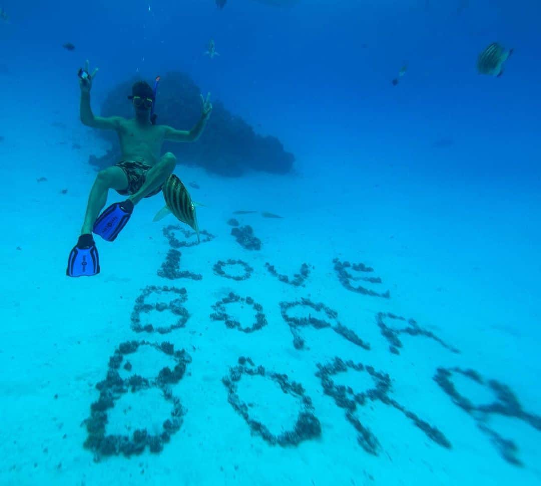 ティボ・クルトゥワのインスタグラム：「I had an absolutely incredible time exploring the underwater wonders of Bora Bora! 😍  From snorkeling alongside tropical fish 🐠, to diving with majestic Manta Rays and sharks 🦈, and finally, ending the day with a delightful lunch in the company of our newfound stingray friend!   I 💙 Bora Bora!」