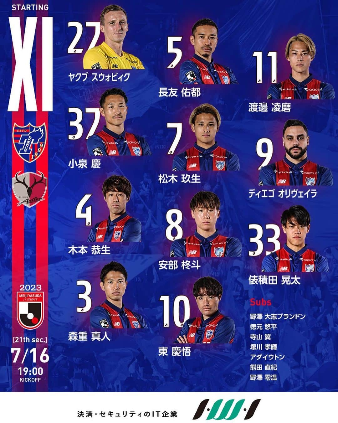 FC東京オフィシャルグッズさんのインスタグラム写真 - (FC東京オフィシャルグッズInstagram)「🔵🔴 𝙎𝙏𝘼𝙍𝙏𝙄𝙉𝙂 𝙓𝙄 supported by インテリジェント ウェイブ  vs #鹿島アントラーズ スターティングメンバーが発表されました!!🔵🔴  @dazn_jpn からもともに!!🔵🔴  @fctokyoofficial  #TokyoKashima #FC東京 #fctokyo #tokyo」7月16日 16時41分 - fctokyoofficial