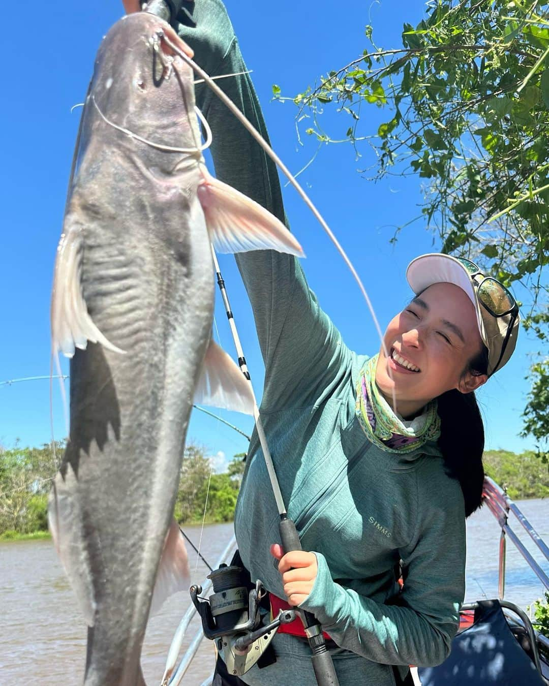 本間愛花のインスタグラム：「🇧🇷 アマゾン川で1日だけ釣りをしてきました！🎣 スケジュールの中に無理やり 組み込んでもらったの…😳🙏🏻笑  1枚目のナマズは、 このサイズでもかなりの引きで凄かったです。  2枚目のツルッとしたお魚は、 「カンディル」というお魚で、肉食系で、 実はピラニアよりも恐れられているお魚みたい。 可愛い顔して怖いですね😱笑  3枚目は、ピラニア🐟 ピラニアも川の場所によって色んな種類や大きさがいて、 この釣ったピラニアはけっこう大きかったみたい。 ガイドのJorgeさんも驚いていたよ！  私が釣りをしたアマゾン川はほんの一部で、 釣れた魚の種類もほんの僅か。 アマゾン川は果てしなくどこまでも続いていて、 川なのに水平線もあって、自然の偉大さを 感じさせてくれる神聖な場所でした。  偉大だ！！！  ピーコックバスも狙いたかったけどまた次回に！！ その時はちゃんと自分のタックル持ってきたいです✨  Jorgeさん、とっても優しかった🤗 ありがとうございました！  #アマゾン川 #釣り」