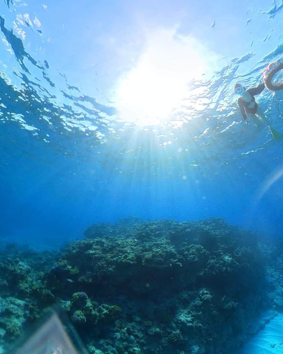 古河由衣のインスタグラム：「#海の日  与論島でシュノーケリング。過去一の透明な海でした✨🏖🐠☀️ 海中神殿も見に行けて楽しかった🌞🌴 がっつり1時間以上泳ぎ続けて夜21時には爆睡😴   #シュノーケリング  #海中神殿  #海」