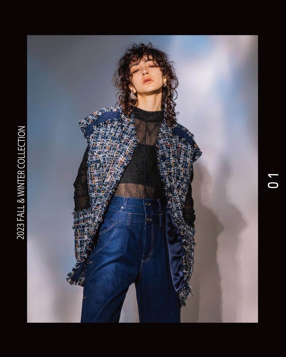 AULA AILAのインスタグラム：「【2023 FALL & WINTER COLLECTION】  TWEED FRINGE VEST COLOR BLUE SIZE 0 ¥25,300  GLITTER PLEATS SHEER TOPS COLOR BLACK SIZE 0 ¥12,100  LAYERED DENIM PANTS COLOR BLUE SIZE 0/1 ¥24,200  ✔️AULA AILA OFFICIAL WEB STOREにて予約受付中」