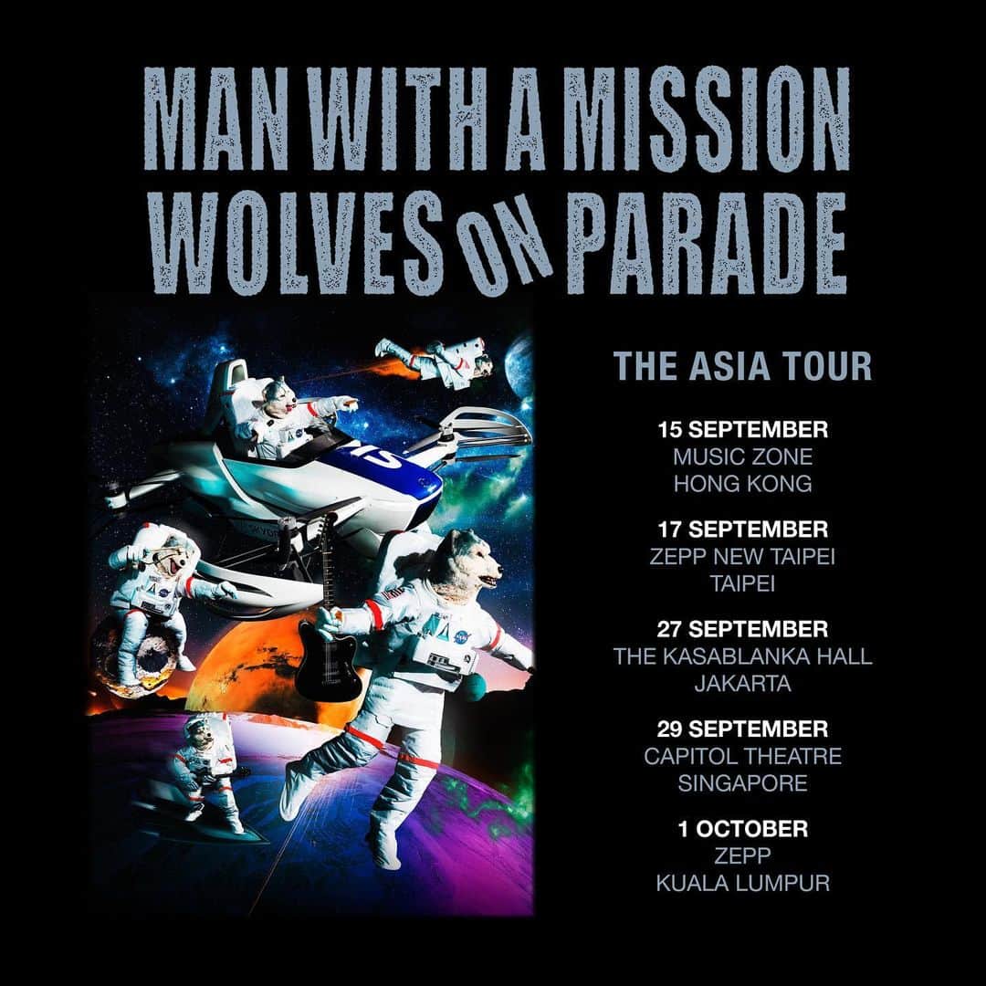 Man With A Missionのインスタグラム：「🚨 Ticket update for Wolves on Parade - The Asia Tour!🚨  🇮🇩 Jakarta: 20 July at 11am local time – 1-day only pre-sale 21 July at 11am local time – tickets on sale   🇸🇬 Singapore: 24 July at 12pm local time – tickets on sale   🇲🇾 Kuala Lumpur: 21 July at 12pm local time – tickets on sale  🎟 Ticket links can be found via the link in bio.  Tickets are on sale now for Taipei and news about Hong Kong will be released shortly.」