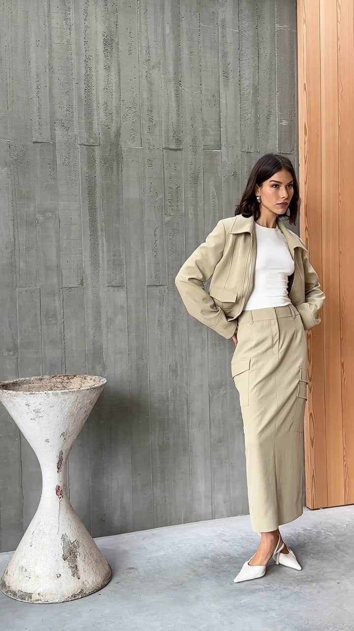 KOOKAI のインスタグラム：「Introducing New Mood. Shop the Ariel Staple Jacket & Cargo Midi Skirt in green tea, available in boutiques and online #kookai」
