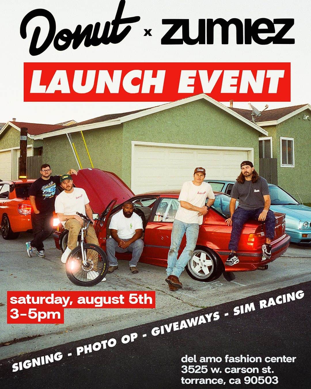 zumiezのインスタグラム：「HUGE NEWS!!🎉🎉Starting August 5th, Donut apparel and accessories can be found in EVERY @zumiez store across the US and Canada. To celebrate, we’re having a launch event that Saturday, August 5th at Zumiez Del Amo Fashion Center in Torrance, CA from 3-5pm. Meet the guys, get some stuff signed, and hop on a racing sim. Donut’s in the mall. Come see us🍩🎉🥳」
