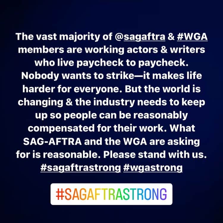 ミーシャ・コリンズのインスタグラム：「The vast majority of @sagaftra & #WGA members are working actors & writers who live paycheck to paycheck. Nobody wants to strike—it makes life harder for everyone. But the world is changing & the industry needs to keep up so people can be reasonably compensated for their work. What #SAGAFTRA and the WGA are asking for is reasonable. Please stand with us.   #SAGAFTRAStrong #WGAStrong」