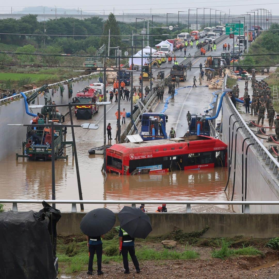 TIME Magazineのインスタグラム：「Heavy downpours continue to fall on South Korea for a ninth day on Monday as rescue workers struggled to search for survivors in landslides, buckled homes and swamped vehicles in the most destructive storm to hit the country this year.  At least 40 people have died, 34 others are injured and more than 10,000 people have had to evacuate from their homes since July 9, when the torrential rain started pounding the country. The severest damage has been concentrated in South Korea’s central and southern regions.  Link in bio.  Photographs by 1: Yonhap/AFP/Getty Images; 2: Kim Hong-ji (@kimhongji)—Reuters」