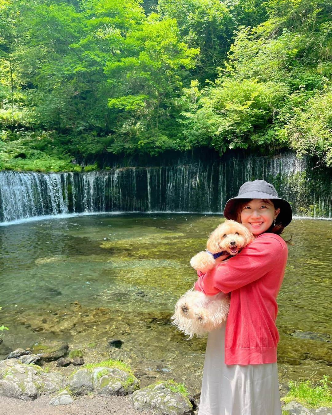 佐竹明咲美のインスタグラム：「. 軽井沢の思い出🍃  白糸の滝、ベルくん気持ちよさそうでした🐶 ただ、自然よりも すれ違うワンちゃんたちが 気になる様子でした🤭 お友達のご挨拶もできました👏  #プチ旅行　#旅行　 #軽井沢　#白糸の滝  #犬旅　#わんこのいる生活」