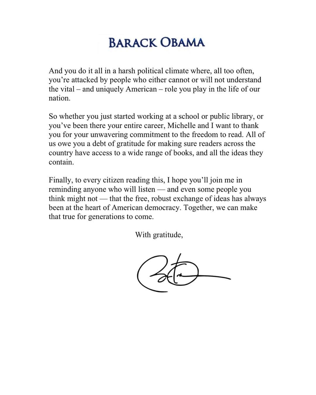 Barack Obamaさんのインスタグラム写真 - (Barack ObamaInstagram)「Today, some of the books that shaped my life — and the lives of so many others — are being challenged by people who disagree with certain ideas or perspectives. And librarians are on the front lines, fighting every day to make the widest possible range of viewpoints, opinions, and ideas available to everyone.  Michelle and I want to thank these librarians for their unwavering commitment to the freedom to read. I hope you’ll read my letter to them, and join me in reminding anyone who will listen — and even some people you think might not — that the free, robust exchange of ideas has always been at the heart of American democracy. Together, we can make that true for generations to come.  To learn how you can support librarians and defend the right to read, join the Unite Against Book Bans campaign led by the @AmericanLibraryAssociation at uniteagainstbookbans.org.」7月17日 22時03分 - barackobama