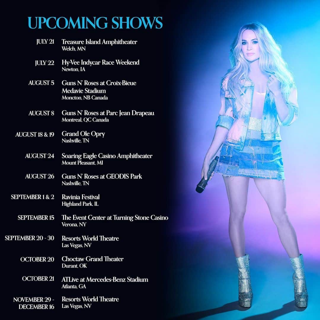 キャリー・アンダーウッドのインスタグラム：「Here’s where you can catch Carrie on the road this summer and fall! Tickets and info at carrieunderwoodofficial.com/tour. -TeamCU」