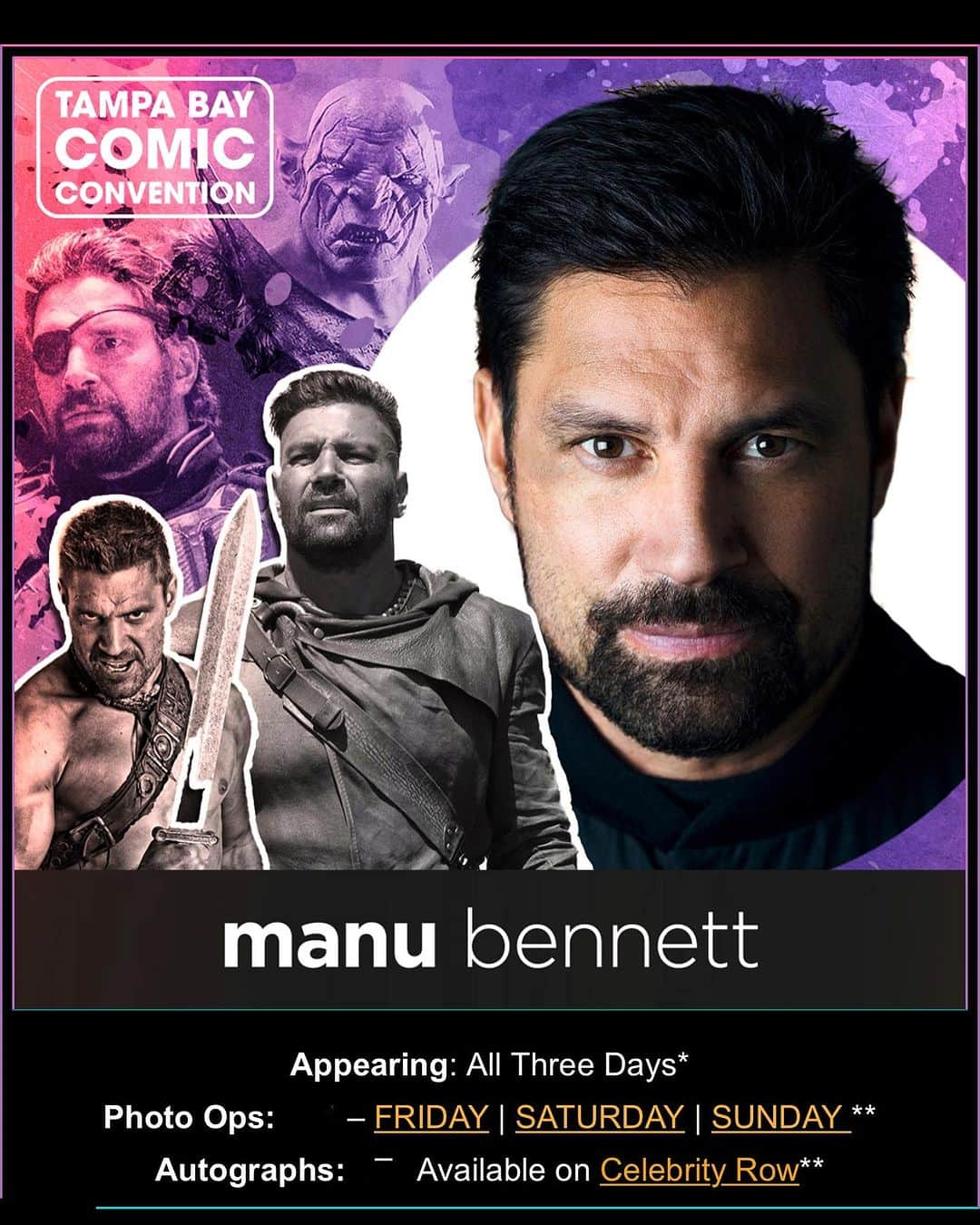 マヌー・ベネットのインスタグラム：「I'll be in Tampa Bay next weekend July 28-30th signing for @tampabaycomicconvention #crixus #spartacus #deathstroke #arrow #azog #thehobbit #allanon #theshannarachronicles  See you there!!」