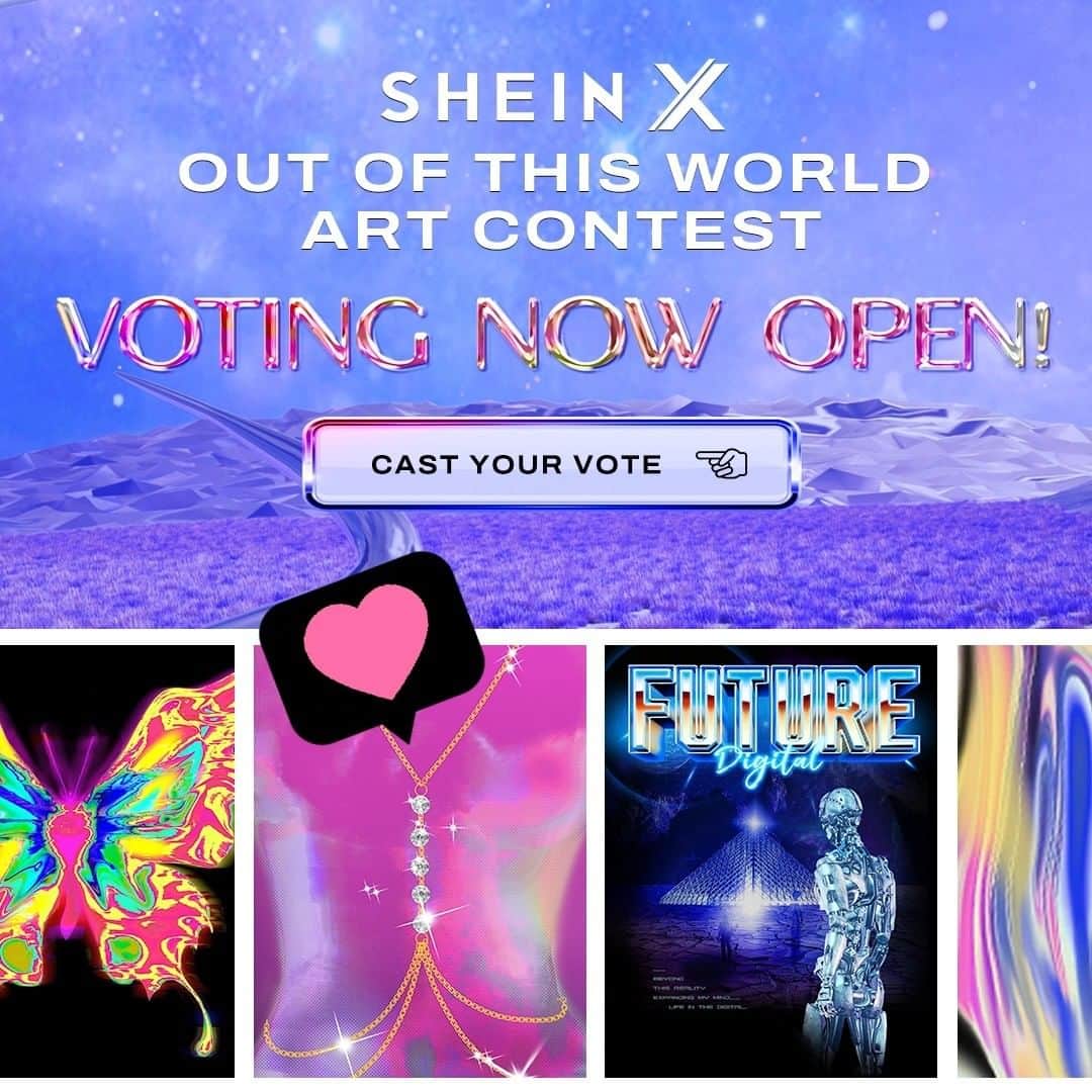 SHEINのインスタグラム：「Hey fam!  It's time to vote for your fave artist designs in our SHEIN X Out of This World art contest.   We asked artists, graphic designers, illustrators, and creators around the world to show us their visions of a new world.   Click the link below to check out their designs & vote for your faves! Winners receive cash prizes & will have their artwork featured on our clothing & acc for you to shop!  🔗:https://shein.shop/7o01723  #SHEINX #SHEINdtiys」