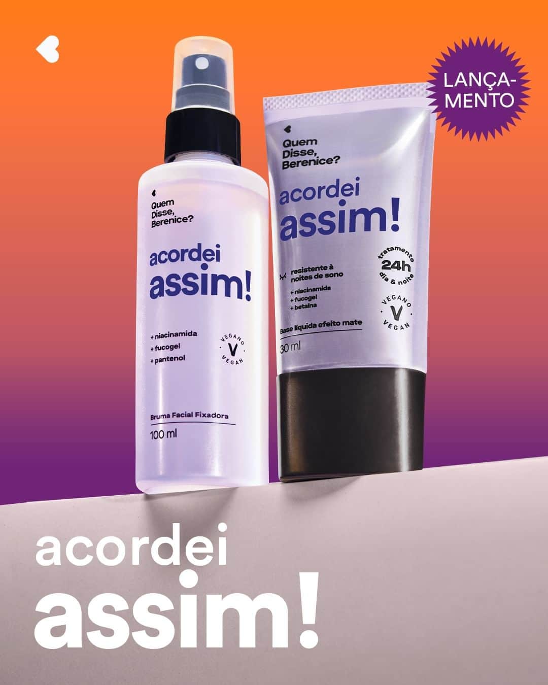 quem disse, berenice?のインスタグラム：「Muito bom dia pq esse momento é meu. Acordei belíssima e o motivo? É meu novo lançamento, a linha "Acordei Assim", Base e Bruma facial que cuidam da sua pele o dia todo e a noite, caso você esqueça de tirar.   Já imaginou dormir e acordar de base numa boa? A gente já.  #PraTodosVerem: o post é único com os produtos da nova linha Acordei Assim, que é composta por uma base e uma bruma facial com uma tag de "lançamento" e o texto: "acordei assim!". Fim da descrição.」