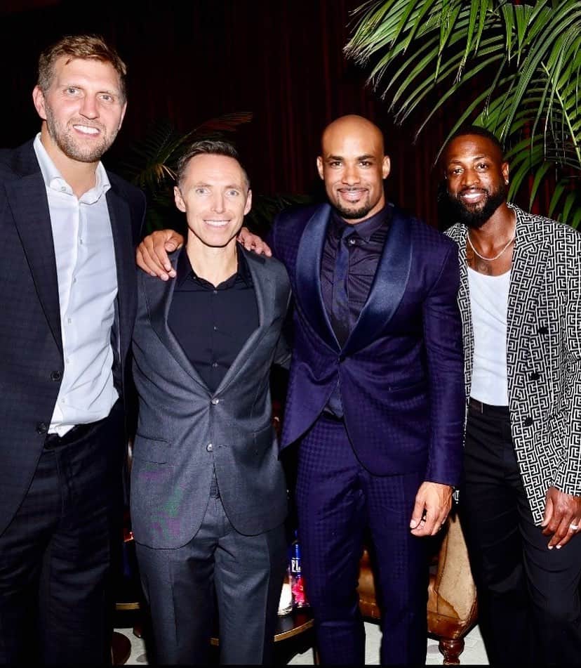 ボリス・コジョーのインスタグラム：「From left to right, Dirk NBA Hall Of Fame 2023, Steve NBA Hall Of Fame 2022, Boris Nice Suit, D-Wade NBA Hall Of Fame 2023.   So proud of my brothers. All three are incredible champions, but more importantly, incredible humans.」