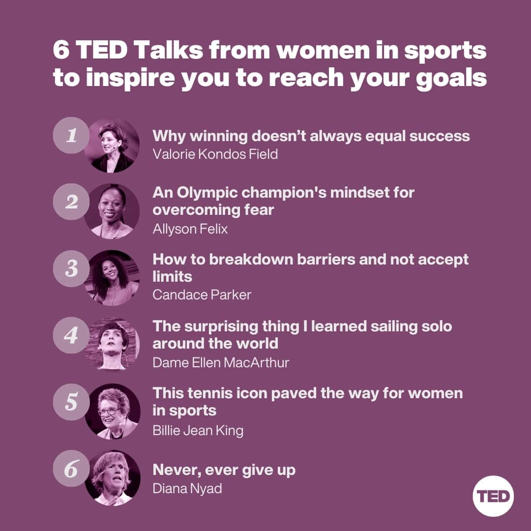 TED Talksのインスタグラム：「Looking for some inspiration? We’ve got you covered! Check out these 6 talks from some of the most influential women in sports. From learning how to redefine success on your own terms to practical tips on overcoming your fears to become your best self, these sports superstars are here to motivate you with the life lessons they learned on and off the field. Save this one for the next time you need a pick-me-up.� #WomensWorldCup #WomeninSports #USOpen」