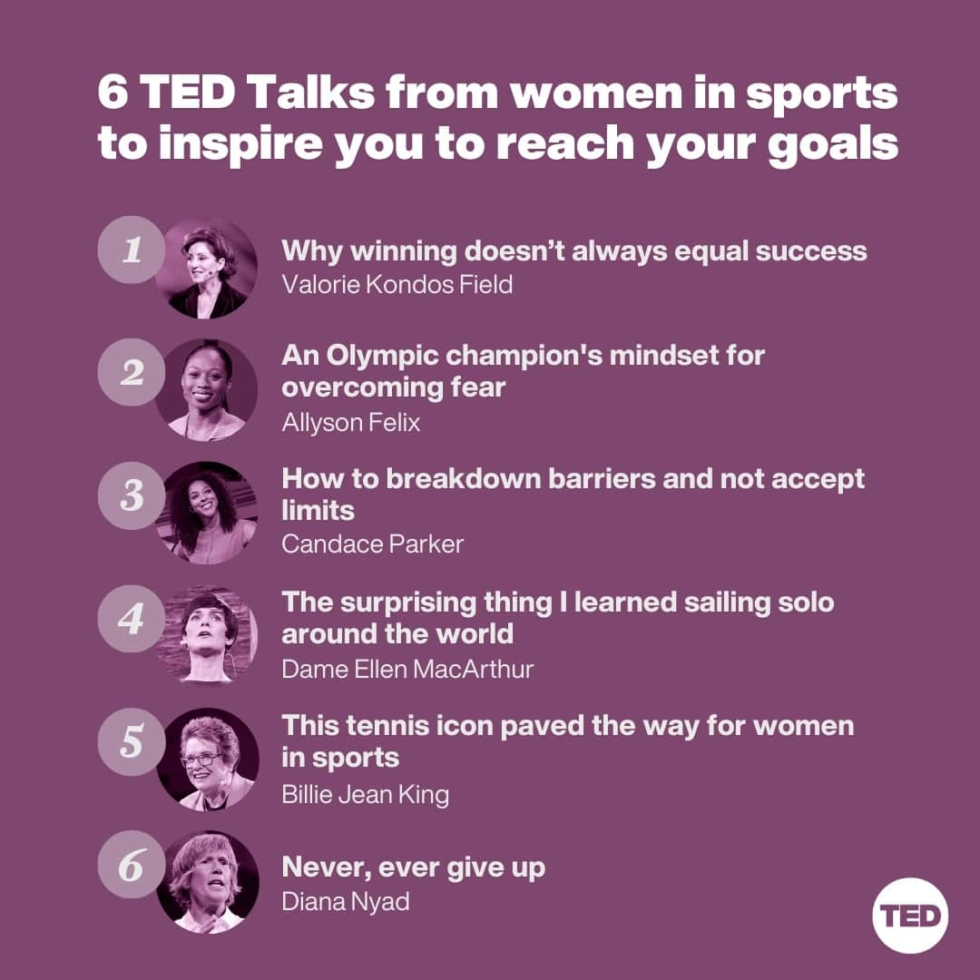 TED Talksさんのインスタグラム写真 - (TED TalksInstagram)「Looking for some inspiration? We’ve got you covered! Check out these 6 talks from some of the most influential women in sports. From learning how to redefine success on your own terms to practical tips on overcoming your fears to become your best self, these sports superstars are here to motivate you with the life lessons they learned on and off the field. Save this one for the next time you need a pick-me-up.� #WomensWorldCup #WomeninSports #USOpen」8月16日 5時05分 - ted