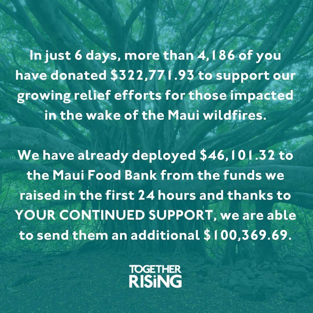 アビー・ワンバックのインスタグラム：「At @together.rising — in just 6 days, more than 4,186 of you have donated $322,771.93 to support our growing relief efforts for those impacted by the Maui wildfires.  We have already deployed $46,101.32 to the Maui Food Bank from the funds we raised in the first 24 hours, and thanks to YOUR CONTINUED SUPPORT, we are able to send them an additional $100,369.69 to provide even more essentials, including food, diapers, menstrual products, toiletries, and other crucial items.   Also thanks to YOU, we are able to deploy $146,470.98 to Ka Hale A Ke Ola Resource Centers, helping them provide shelter, housing, and other resources to those impacted by the wildfires.  As of yesterday afternoon, officials confirmed 99 people have died and warn that number will certainly rise. The blaze that ravaged the historic town of Lahaina is now the deadliest US wildfire in over 100 years, which means our work is far from over.   We are still identifying strong partners on the ground so please know it’s not too late to donate. Stay tuned for more as this continues to unfold.  To all those who have donated and shared, THANK YOU! Together, we are harnessing our heartbreak into hope for families and communities in Maui.   If you have $5, $10, or $20 - no amount is too big or too small - please consider donating at TogetherRising.org/Give or at link in bio. Every penny we receive will go to urgent relief and vital support.  In love, solidarity, and hope, Together Rising」