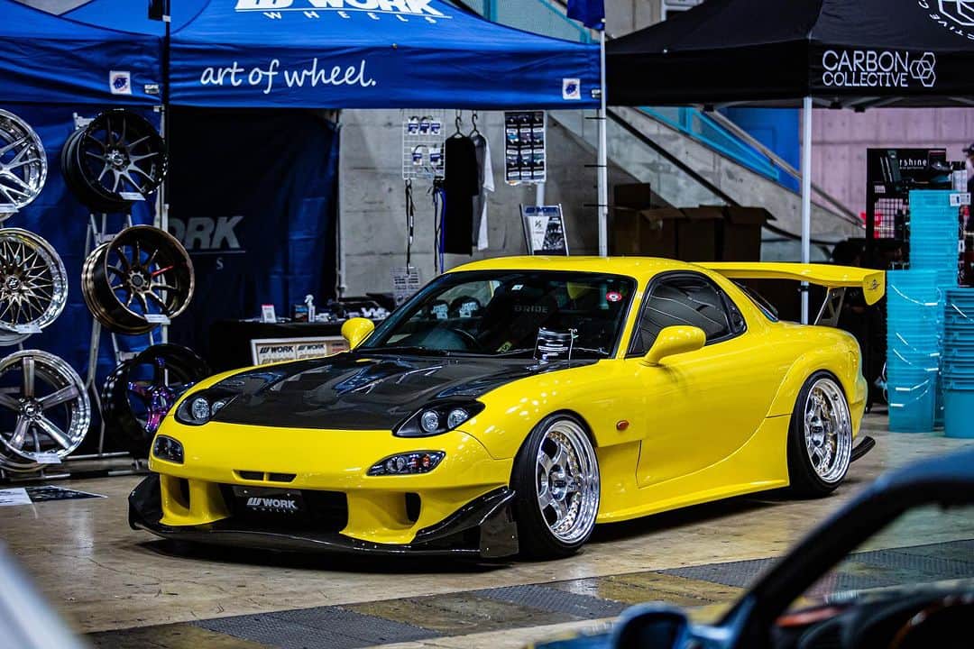 WORKのインスタグラム：「A-MESSE TOKYO 2023 WORK Demo car  @a.messe.japan   #workwheels #workwheelsjapan #hotsprings #workmeister #workmeisters1 #meisters1 #meisters13p #3piecewheels #mazda #rx7 #fd3s #amesse」