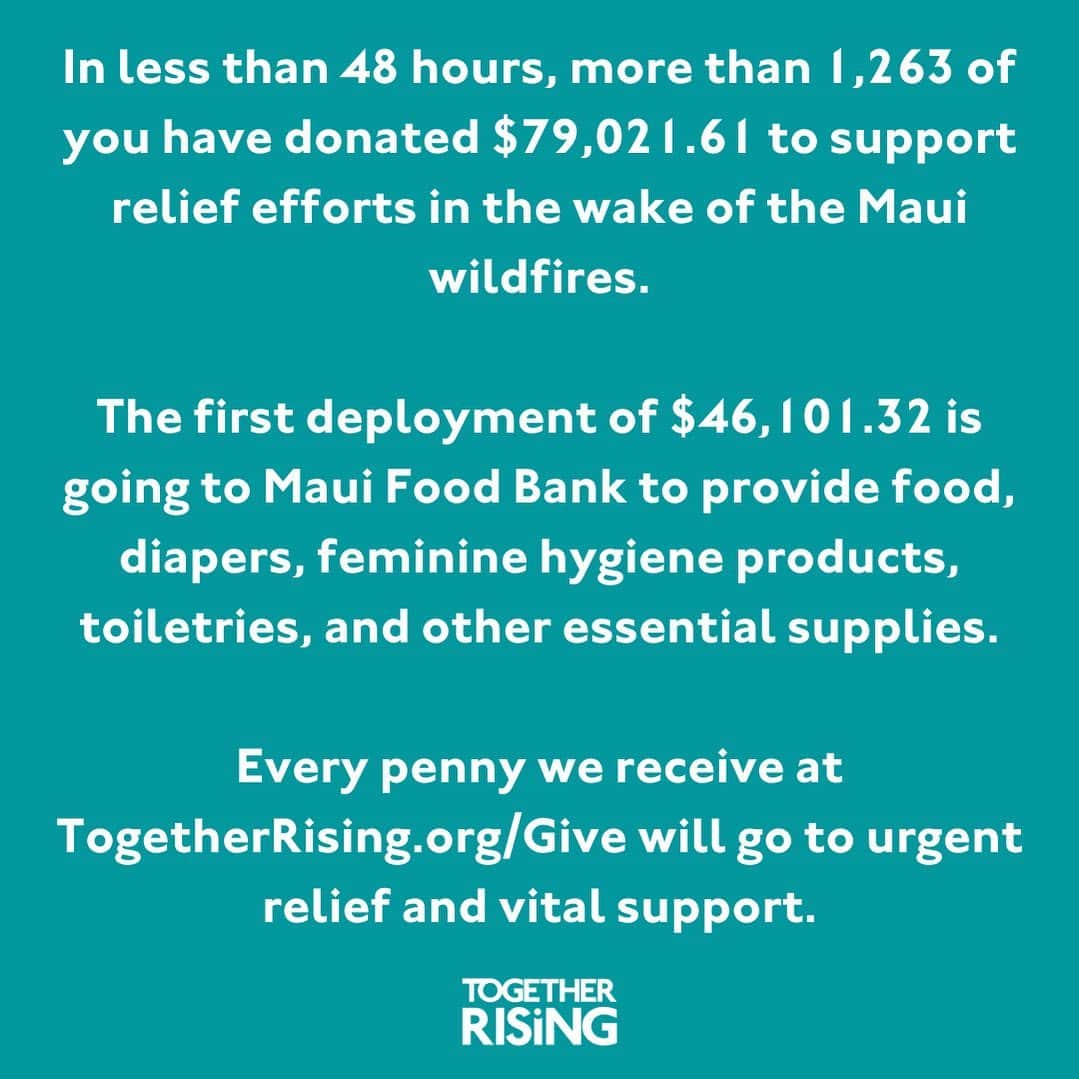 アビー・ワンバックのインスタグラム：「At @together.rising we are delivering urgent relief to families devastated by the wildfires in Maui.   In less than 48 hours, you have raised $79,021.61, and we know that there is still so much more we can do.   So far, we are deploying $46,101.32 to Maui Food Bank to provide food, diapers, menstrual products, toiletries, and other essential supplies.  As of this morning, we know that at least 55 people have lost their lives, and at least 1,000 are still missing. Parts of the island are unreachable because of fires and obstruction, and significant power and cell service outages continue to affect thousands more.  Amid this devastation, YOU showed up to turn our collective heartbreak into action. To all those who have donated and shared, THANK YOU! Together, we are harnessing our heartbreak into hope for families and communities in Maui.  If you have $5, $10, or $20 - no amount is too big or too small - please consider donating at TogetherRising.org/Give or link in bio.  In love, solidarity, and relentless hope, G, Abby, & Together Rising」
