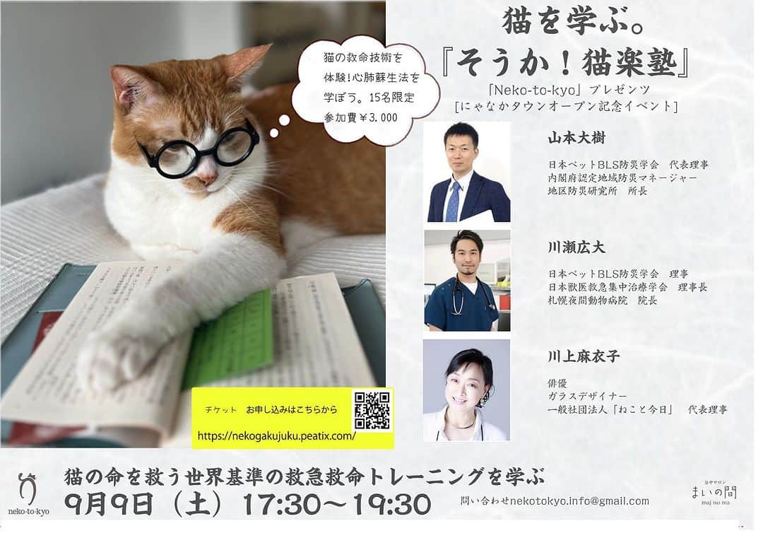 川上麻衣子さんのインスタグラム写真 - (川上麻衣子Instagram)「先着10名のちょっとコアなお知らせ！わたしも受講します！猫と暮らしている方にぜひおすすめです。救急救命トレーニング。 知っていると気持ちが大きく変わります！  https://nekogakujuku.peatix.com/」8月12日 6時58分 - kawakami.maiko