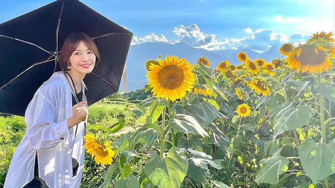 十碧れいやのインスタグラム：「.  ひまわり畑🌻山梨  にしても、 天気良すぎて☀️！！ 目が開かないのさ。  この、 目も開かない 緩みきった表情を見ていただければ 自然の中のひまわり畑の癒し効果を分かっていただけることと思います🌻  あ！ 帰り際に虹も見つけた🌈 いい事あるかな〜♪  #虹 #山梨 #山梨観光 #ひまわり #ひまわり畑  #いいことありますように」