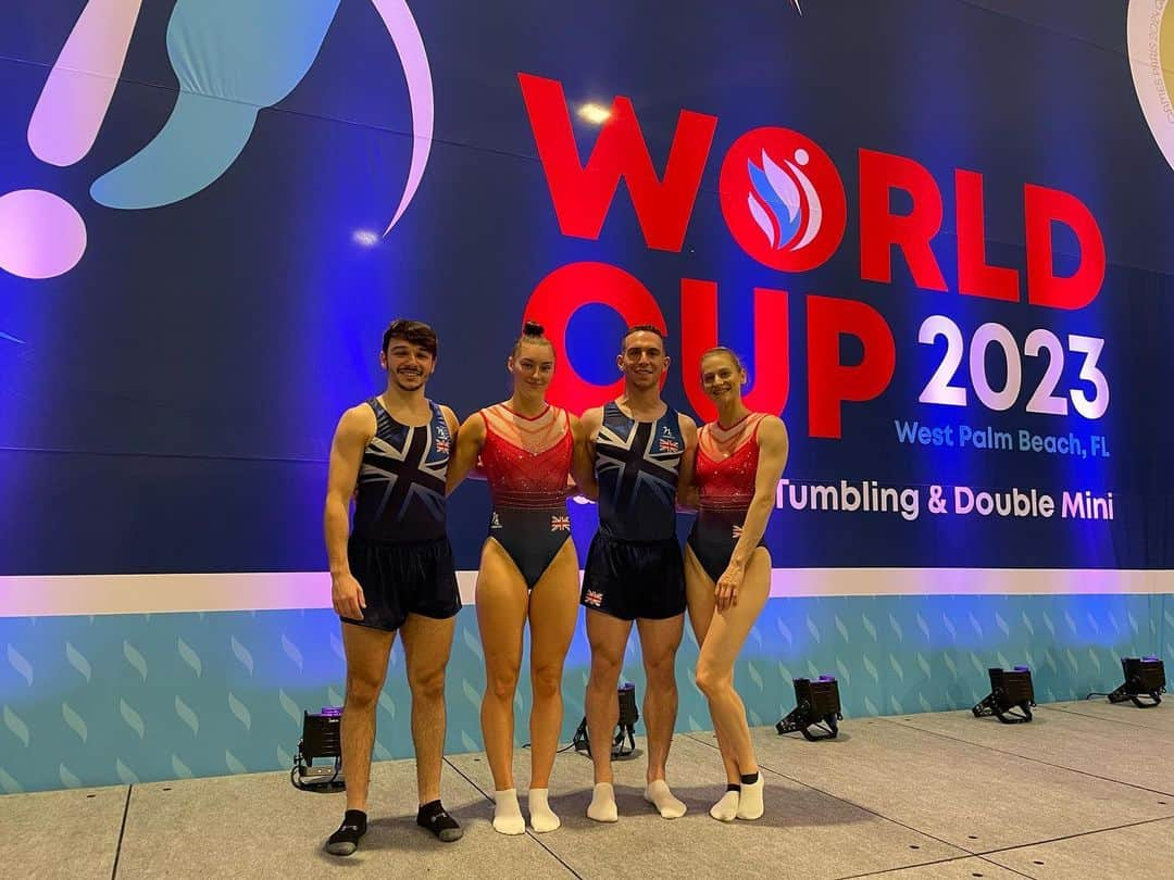 ブライオニー・ペイジのインスタグラム：「🇬🇧🥈🏝️ The World Cup in Palm Beach last week was a huge success! It was amazing to compete in the USA with this team, all of us made the semi finals, Izzy and I led the synchro competition in prelims and placed fourth in the finals at our first World Cup synchro event! Two of us made the individual finals and came home with medals - a silver for me and Zak won his first World Cup Medal, a bronze! Feels like a huge mixture of relief and excitement that I return home after the first two world cups and Olympic qualification events with a 1st and 2nd place finish, securing all important olympic ranking qualification points, and us showing podium potential in the synchro!  And to focus on the experience, not just the results, I had an amazing time seeing all my friends from around the world, meeting old and new ones, loving the gorgeous weather and beach, playing games with my team, recieving fantastic support and encouragement throughout and I enjoyed getting on the trampoline to compete again!!  Thank you for all those who helped make this happen xxx  Routine 1 ➡️ R2 ➡️ Semi final ➡️ Final 🥈 ➡️ 🌟 Synchro Routine PB 🌟 ➡️ Synchro finals ➡️ bonus training video ✌🏻」