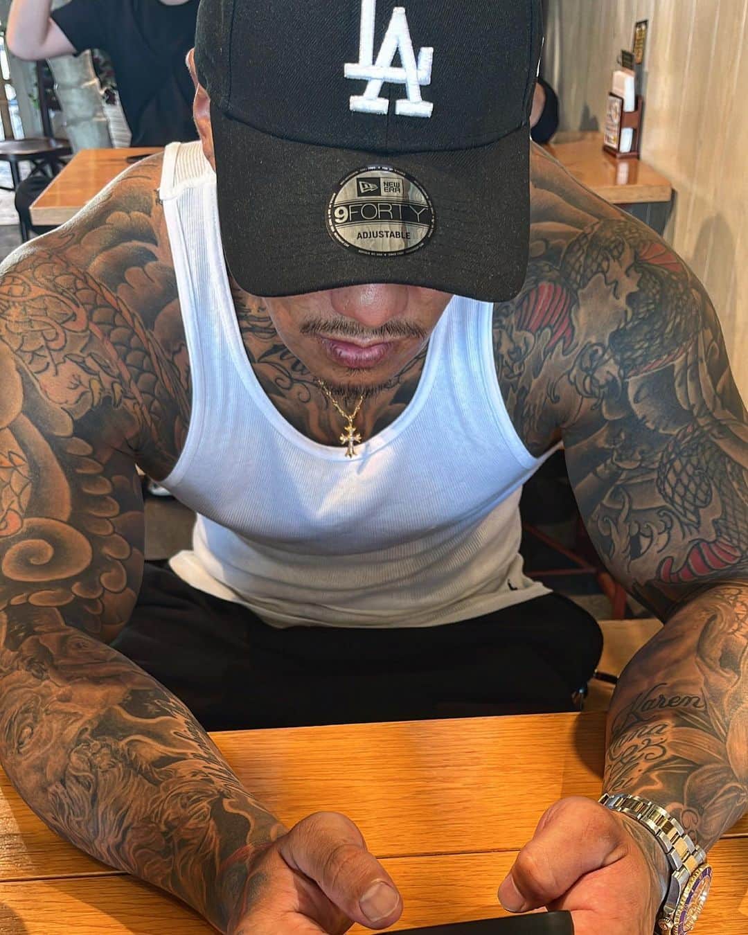 のインスタグラム：「#tattoo#japanesetattoo#newera#la#style#streetstyle#streetstyle#hamburger  🔥🔥🔥🔥🔥」