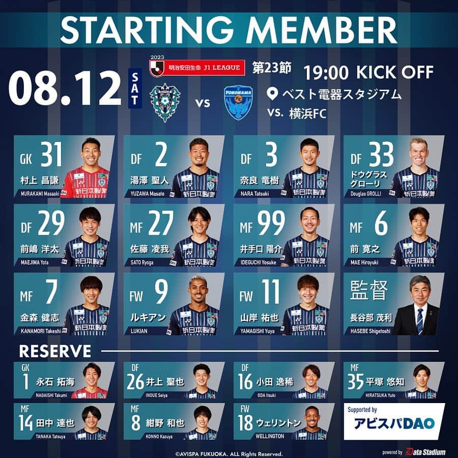 アビスパ福岡のインスタグラム：「🏆明治安田生命J1リーグ第23節🏆 #アビスパ福岡 🆚 #横浜FC #イオンモール福岡 HAPPINESS MATCH ⏰19:00KO 🏟#ベススタ  本日のメンバーが発表されました🐝 熱い応援をよろしくお願いします‼️  #avispa」