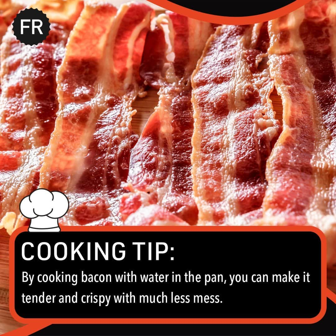 Food Republicのインスタグラム：「Makin' #bacon? We have some advice for you. 🥓   Lay your bacon flat on a frying pan, and add enough water to the pan to cover the bacon.  Set the pan on high heat and turn down the heat to medium when the water starts to boil.  Once the water has evaporated, turn the heat down to low and let the bacon crisp in the dry pan, flipping it when necessary.  -  #breakfast #cooking #cookingtips #cookingtip #kitchen #kitchens #cook #cooks #chef #chefs」