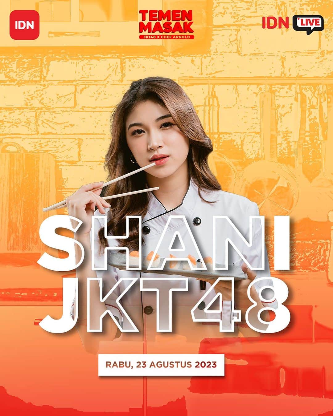 シャニ・インディラ・ナティオのインスタグラム：「@jkt48shani juga siap nih buat nerima tantangan dari Chef @arnoldpo . Apakah Chef sudah mulai gentar? 🧐😜  Kamu sudah download IDN App untuk nonton Oshi-mu di Temen Masak? Yuk buruan download sekarang.  #SeruBarengIDNLive」