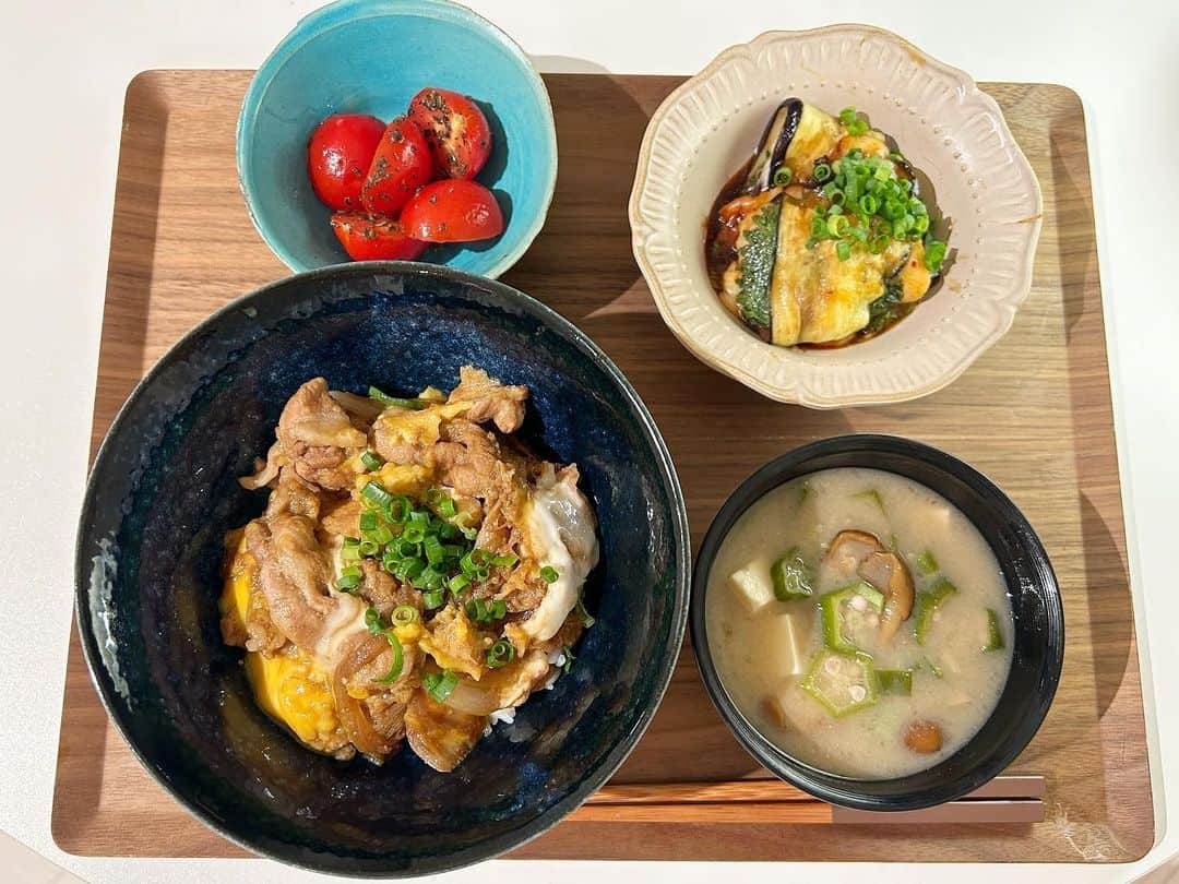 宮瀬彩加さんのインスタグラム写真 - (宮瀬彩加Instagram)「#みやせごはん 🍴卵パックごと落として 割れてたので絶対使うと心に決めてた日。  ・豚こまと玉ねぎの卵とじ丼 (親子丼にしようかと思ったけど鶏肉無かったので🫠)  ・なすキムチ巻き (薄く切ったなすに大葉、チーズ、キムチを乗せて 巻いて焼いて焼肉のタレで味付け💮 これなすがジューシーでめっちゃ美味しい！！！)  ・トマトバジル (オリーブオイルとバジルとちょい塩を和えるだけ)  ・オクラとなめこのお味噌汁 (あ、豆腐も)  今年もお盆入りましたね〜！！ みなさん帰省orお出かけとかしますか？  私は暦関係なく撮影があったり 休みでも逆に暑過ぎて涼しいお家から 出たくない感情先に出てくるからどうしたものか🙇  花火みたいな〜手持ちでもいいからしたいな〜 浴衣着たいな〜とは思ってるけど。。 できるかな〜〜🥹 お家居る時は自炊沢山しよ〜っと☺️✨  #おうちごはん　#自炊記録　#今日の献立」8月12日 22時18分 - ayaka_miyase