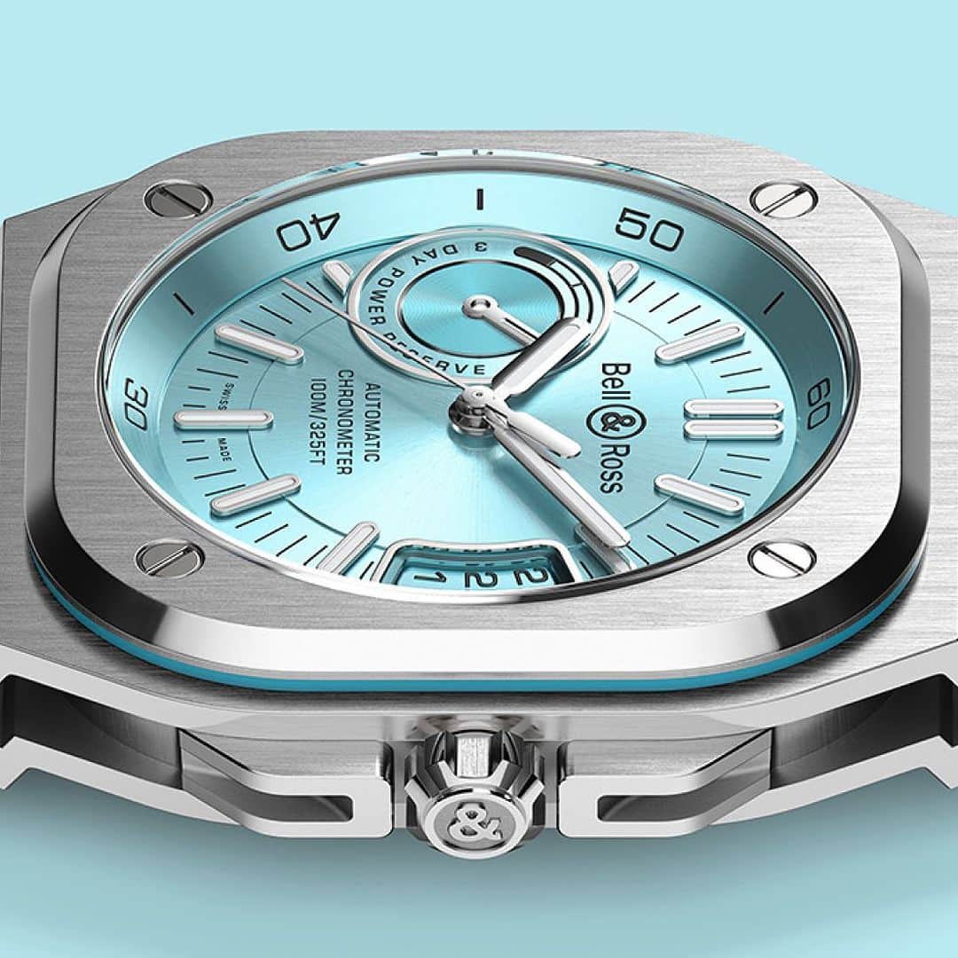 のインスタグラム：「Featuring a sunray ice blue dial exclusively created for this timepiece, the BR-X5 Ice Blue Steel brings a revolutionary design language to the collection crafted for urban explorers. The timepiece features a date window at 3 o’clock, a power reserve indicator at 9 o’clock and comes with a 5-year warranty.   Discover more via the link in our bio.   #bellross #timeinstruments #BRX5」
