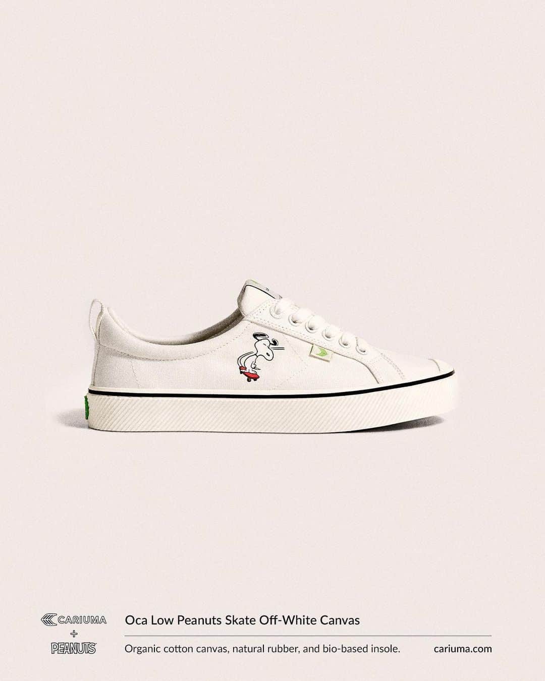 スヌーピーのインスタグラム：「CARIUMA + PEANUTS. Step into the world of Snoopy and friends, with a sneaker collection inspired by the world of skateboarding.  Sport your favorite characters on and off the board with these limited edition designs. Each pair is crafted with premium, natural and recycled materials. @Cariuma plants 2 trees in the Brazilian rainforest for every pair purchased.   Available now on cariuma.com」