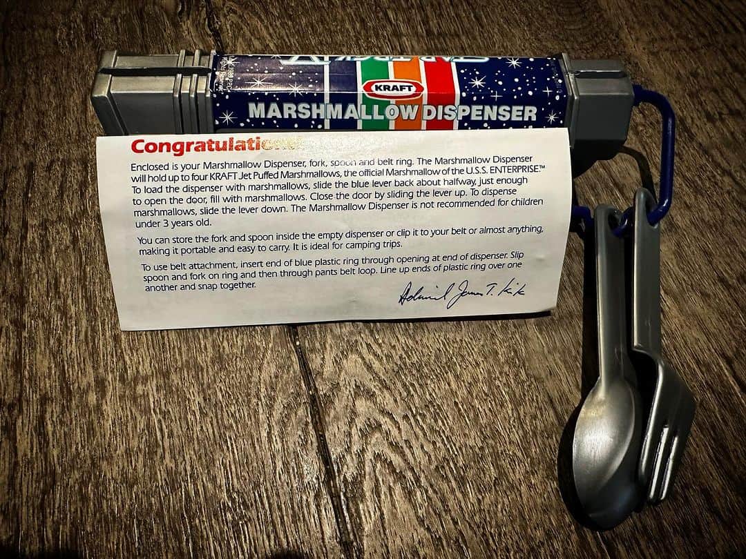 Terry Matalasのインスタグラム：「Best gift ever: Star Trek V ‘Marsh-melon’ dispenser. You had to send away for it in the mail. I love that it comes with a note from Admiral James T. Kirk (who technically was demoted to Captain at that time 🤓).」