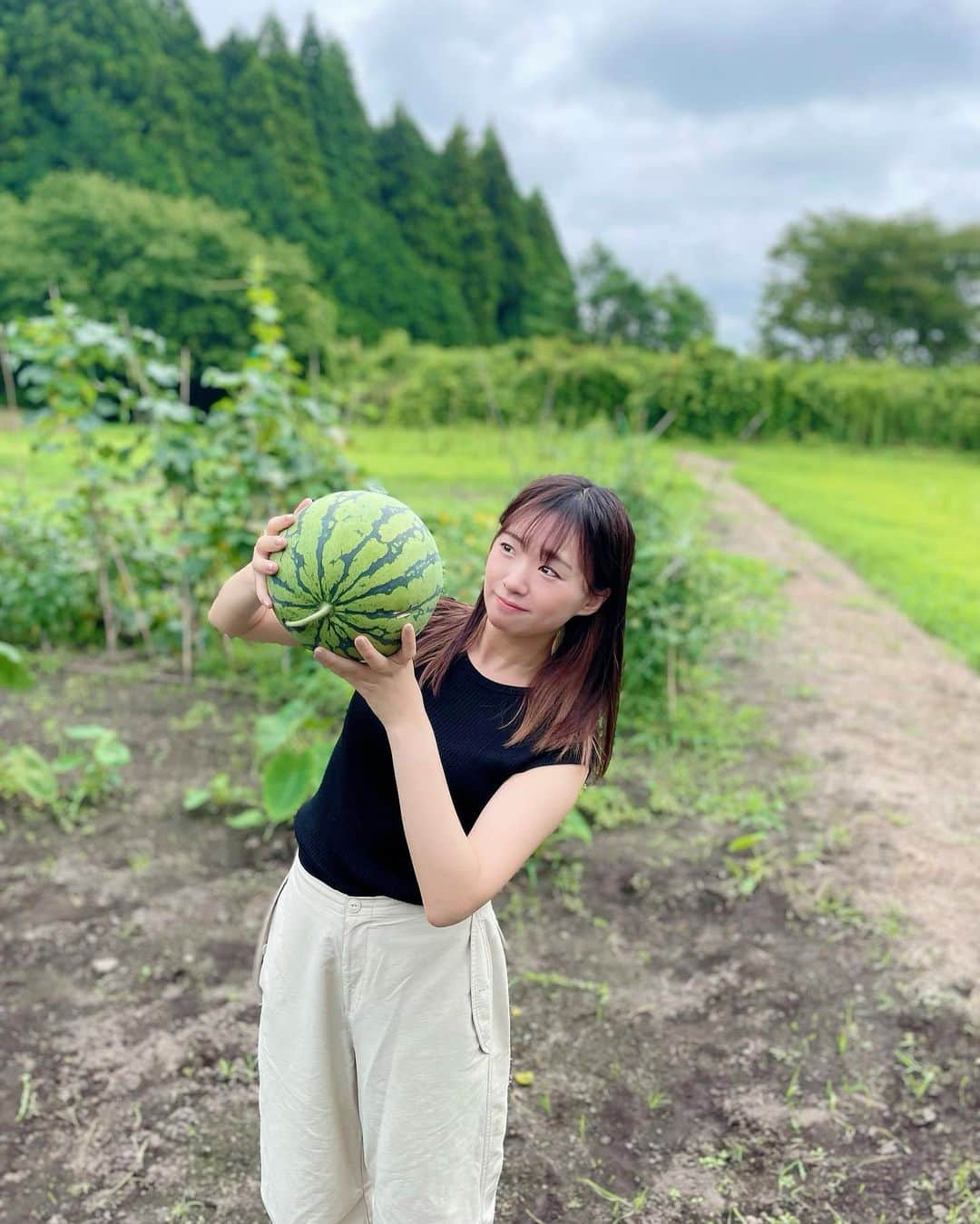 のインスタグラム：「帰省🏕️  おばあちゃんちの畑が果物と野菜の宝庫になってた🥰  スイカ🍉とブルーベリー🫐 収穫してきたよ🙌  #帰省#スイカ#ブルーベリー #畑#自然#福島#夏休み」