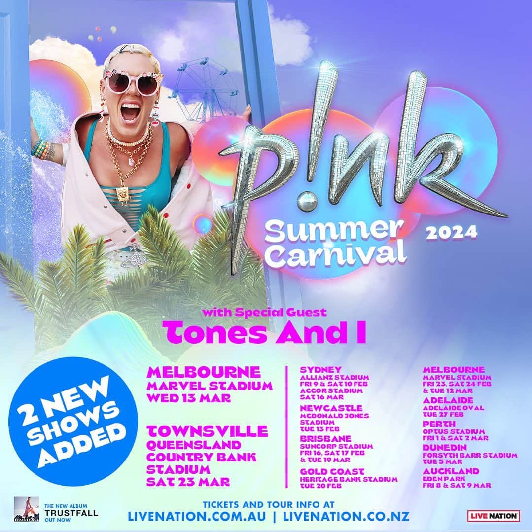 P!nk（ピンク）のインスタグラム：「Hey Australia! I’m adding TWO MORE SHOWS to my 2024 #SummerCarnivalTour! And guess what else?! @tonesandi will join me for the entire tour 🤩🙌🏼Presales start Aug 17th. Tickets available starting Aug 18th. Can’t wait to see your pretty faces sooooon 💞」