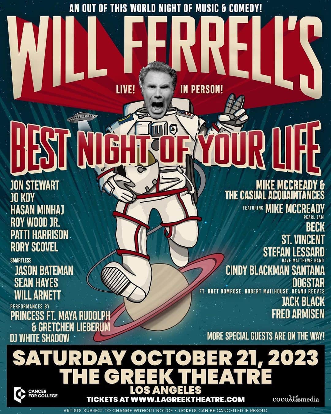 Beckのインスタグラム：「Beck will be performing at Will Ferrell’s Best Night of Your Life 2 on October 21st at the @greek_theatre benefitting @cancerforcollege!」