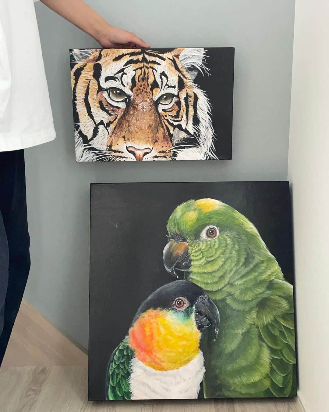 まいこのインスタグラム：「#空き箱アート  今日1年前の今描いてた虎の絵を引っ張り出して来たんですよ🐯  去年のお盆、一家でコロナになってたわ…😭 1年間、基本的にはずっと描いていたのでそこそこ上達してきました。  2枚目は今月描き出したキバタンちゃんの絵です!!次は絶対キバタン描きたいと決めていたので、鳥友さんにご協力お願いしました!!🙏もう少し絵が進んだらご紹介させてもらいますね♪  描きたい動物、全然違うテイストのもの、た〜〜〜〜っくさんありすぎて人生が足りない(1枚仕上げるのに時間かかるから)と思っちゃっています😱 ご先祖さま、人生の先輩として何かアドバイスあればお願いします。笑 と、そんなお盆休みです🙏✨  ※台風🌀気をつけましょうね  #空き箱アート #主婦が個展目指してます #アクリル画#鳥#インコ#オウム #アート#シロハラインコ #ボウシインコ#キバタン #art#acrylicpainting #animal #birdlovers #birdart  #🦜#🐯#🇯🇵」