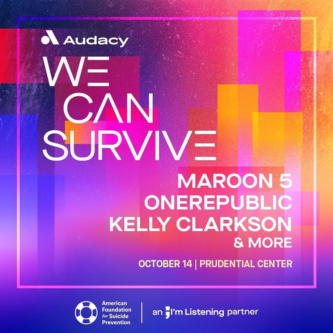 Maroon 5のインスタグラム：「NEW home. NEW Jersey. NEW 102.7.  Audacy @WeCanSurvive concert is at the @PruCenter this year! 🎤   ✨ Get ready to see #Maroon5, #OneRepublic, #KellyClarkson + more to be announced on Sat, 10/14 ✨ #WeCanSurvive  🎫 PRE-SALE: Wed, 8/23 at 10am ET 🎫 ON-SALE: Fri, 8/25 at 10 AM ET  🔗: Link @audacy's bio for more info!」