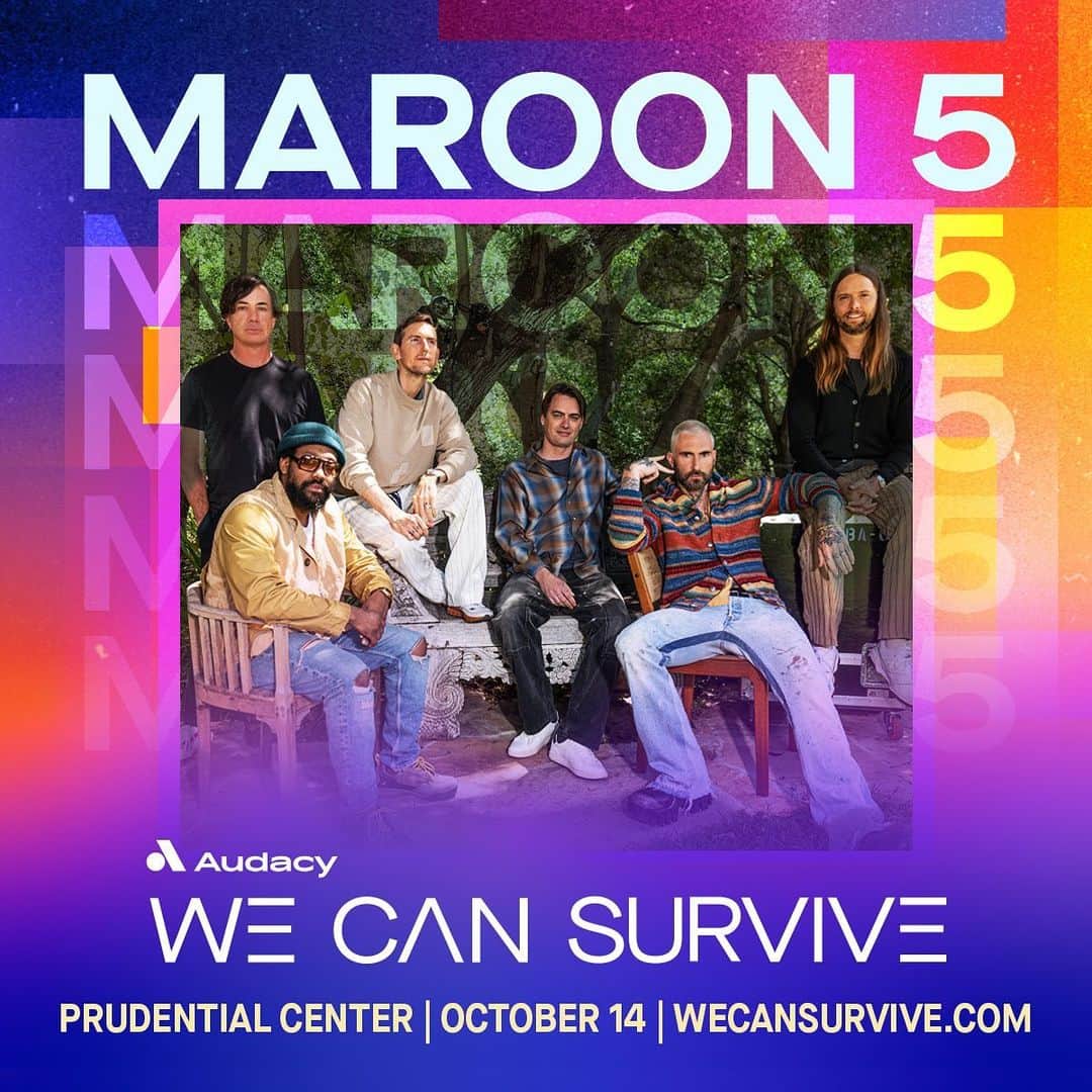 Maroon 5のインスタグラム：「Time to make some #Memories at Audacy's @WeCanSurvive, because 🎸 #Maroon5 🎸 is playing this year at @PruCenter in NJ on Sat, 10/14! #WeCanSurvive  🎫 PRE-SALE: Wed, 8/23 at 10am ET 🎫 ON-SALE: Fri, 8/25 at 10 AM ET  🔗: Link @audacy's bio for more info!」