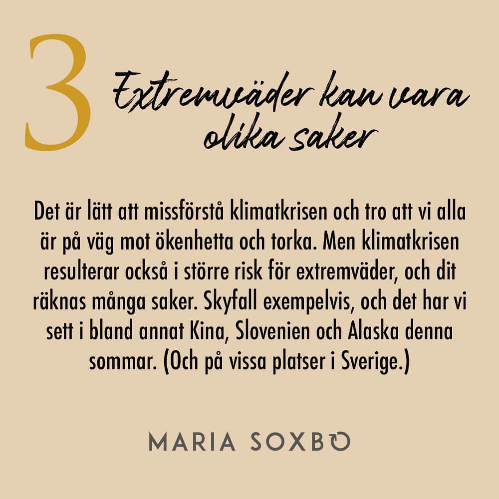 Maria Soxboさんのインスタグラム写真 - (Maria SoxboInstagram)「Hur var er sommar? Kanske lite … blöt? Åtminstone om ni tillbringade den i Sverige. För sommaren 2023 blev (tack och lov!) inte lika het, torr och brandröksdoftande som 2018 (som meteorologerna varnat för). Istället blev den varm och torr i början, och sedan sval och våt på många platser i landet.  För egen del tar jag mycket hellre 21 grader och några skurar än 45 grader och skogsbränder, men många är besvikna på semestervädret. Och då verkar ett antal personer (bland andra författaren Lena Andersson, tidigare nyhetsankaret Elisabet Höglund och M-politikerna Lars Beckman och Jan Ericson) sugna på att profilera sig som opålästa och vetenskapsförnekande genom olika texter och uttalanden med innebörden att ”regnig sommar i Sverige = ingen klimatkris”.  Det stämmer så klart inte. Även om man inte orkar sätta sig in i hur klimatförändringarna leder till ökad nederbörd i vissa områden eller att väder och klimat är två olika saker, så borde det vara omöjligt att missa alla sommarens larm om extremväder och rekordvärme runt om i världen.  Så. Här kommer en liten, förenklad sammanfattning av en stor, komplex fråga. Dela gärna och uppmuntra personer som använder denna sommar som argument för klimatalarmism att läsa på. Ingen tjänar ju på att blunda i det här läget.  Källor: Copernicus, SMHI, meteorologiprofessorn Anna Rutgersson, klimatforskaren Frederik Schenk med flera. Skärmdumpar från Politico, Al Jazeera, Guardian, NY Times」8月14日 23時49分 - mariasoxbo.se