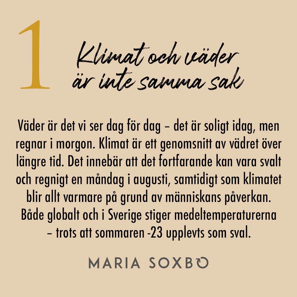 Maria Soxboさんのインスタグラム写真 - (Maria SoxboInstagram)「Hur var er sommar? Kanske lite … blöt? Åtminstone om ni tillbringade den i Sverige. För sommaren 2023 blev (tack och lov!) inte lika het, torr och brandröksdoftande som 2018 (som meteorologerna varnat för). Istället blev den varm och torr i början, och sedan sval och våt på många platser i landet.  För egen del tar jag mycket hellre 21 grader och några skurar än 45 grader och skogsbränder, men många är besvikna på semestervädret. Och då verkar ett antal personer (bland andra författaren Lena Andersson, tidigare nyhetsankaret Elisabet Höglund och M-politikerna Lars Beckman och Jan Ericson) sugna på att profilera sig som opålästa och vetenskapsförnekande genom olika texter och uttalanden med innebörden att ”regnig sommar i Sverige = ingen klimatkris”.  Det stämmer så klart inte. Även om man inte orkar sätta sig in i hur klimatförändringarna leder till ökad nederbörd i vissa områden eller att väder och klimat är två olika saker, så borde det vara omöjligt att missa alla sommarens larm om extremväder och rekordvärme runt om i världen.  Så. Här kommer en liten, förenklad sammanfattning av en stor, komplex fråga. Dela gärna och uppmuntra personer som använder denna sommar som argument för klimatalarmism att läsa på. Ingen tjänar ju på att blunda i det här läget.  Källor: Copernicus, SMHI, meteorologiprofessorn Anna Rutgersson, klimatforskaren Frederik Schenk med flera. Skärmdumpar från Politico, Al Jazeera, Guardian, NY Times」8月14日 23時49分 - mariasoxbo.se