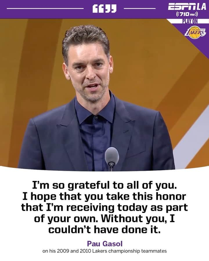 パウ・ガソルのインスタグラム：「Special HOF shoutout from @paugasol to his Lakers championship teammates. 2009 and 2010 were special… 🏆💜💛」