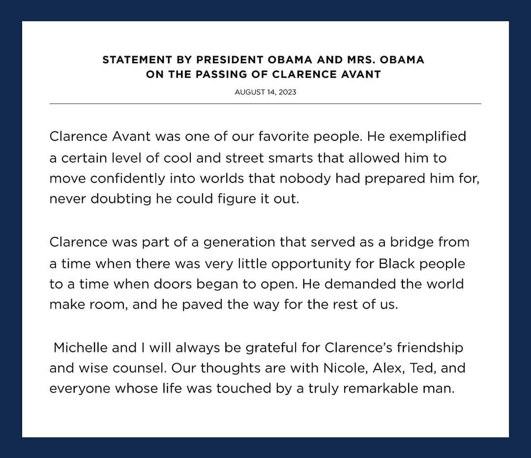 ミシェル・オバマさんのインスタグラム写真 - (ミシェル・オバマInstagram)「Michelle and I will always be grateful for Clarence’s friendship and wise counsel. Our thoughts are with his family and everyone whose life was touched by a truly remarkable man.」8月15日 6時50分 - michelleobama