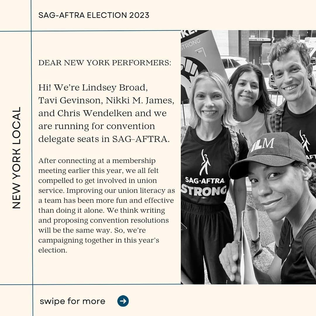 タヴィ・ゲヴィンソンのインスタグラム：「☀️ I’m running in the @sagaftra New York local election to be a convention delegate ☀️ with my friends @lindseybroad @nikkimjames @chrisw3ndelken! Read more about us, comment any q’s & remember to vote by September 8 - ballots have been mailed to your address on file with the union 🗳️」