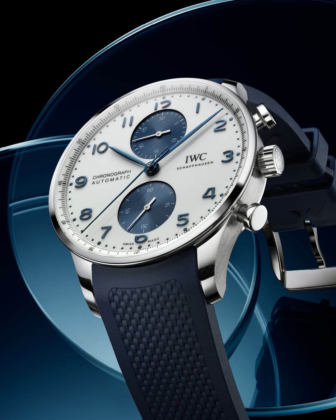 IWCのインスタグラム：「Iconic Portugieser design, combined with practical and easy-to-use chronograph function: Featuring a 41-millimetre stainless steel case, a white dial with contrasting blue subdials, blue Arabic numerals, and blued feuille hands.  #IWCportugieser | #TheReference  🔗Link in Bio  ℹ Ref. IW371620」