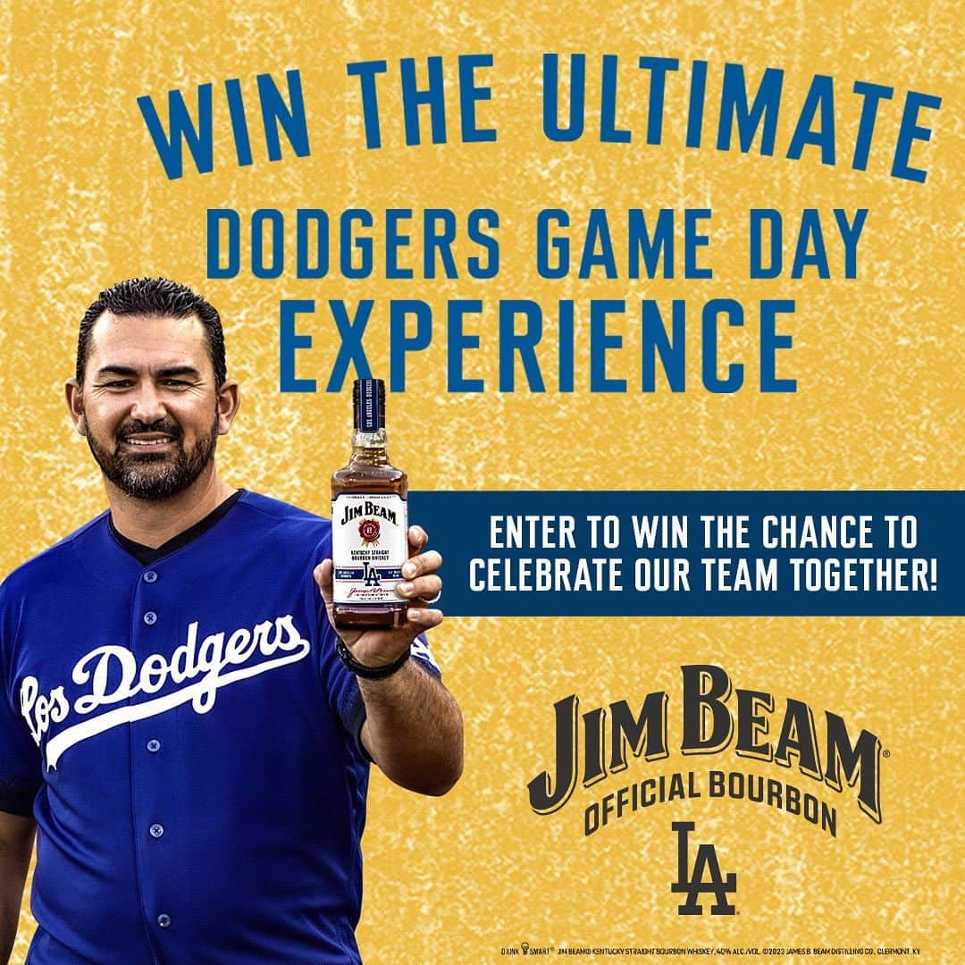 エイドリアン・ゴンザレスのインスタグラム：「#ad Don’t miss your chance to celebrate our team together! Visit JimBeamDodgersContest.com and enter to win exclusive suite tickets to join me for a game at Dodgers Stadium. Buena Suerte! @jimbeamofficial NO PURCHASE NECESSARY. VOID OUTSIDE CA AND WHERE PROHIBITED. Contest begins at 12PM ET on 6/1/23 and ends at 11:59:59AM ET on 8/31/23. Must be 21+ and a CA resident to enter. Limit 1 entry per person/email address. Official Rules: http://www.jimbeamdodgerscontest.com/ Privacy Policy: https://www.beamsuntory.com/en/privacy-policy. (Link to contest in bio)」